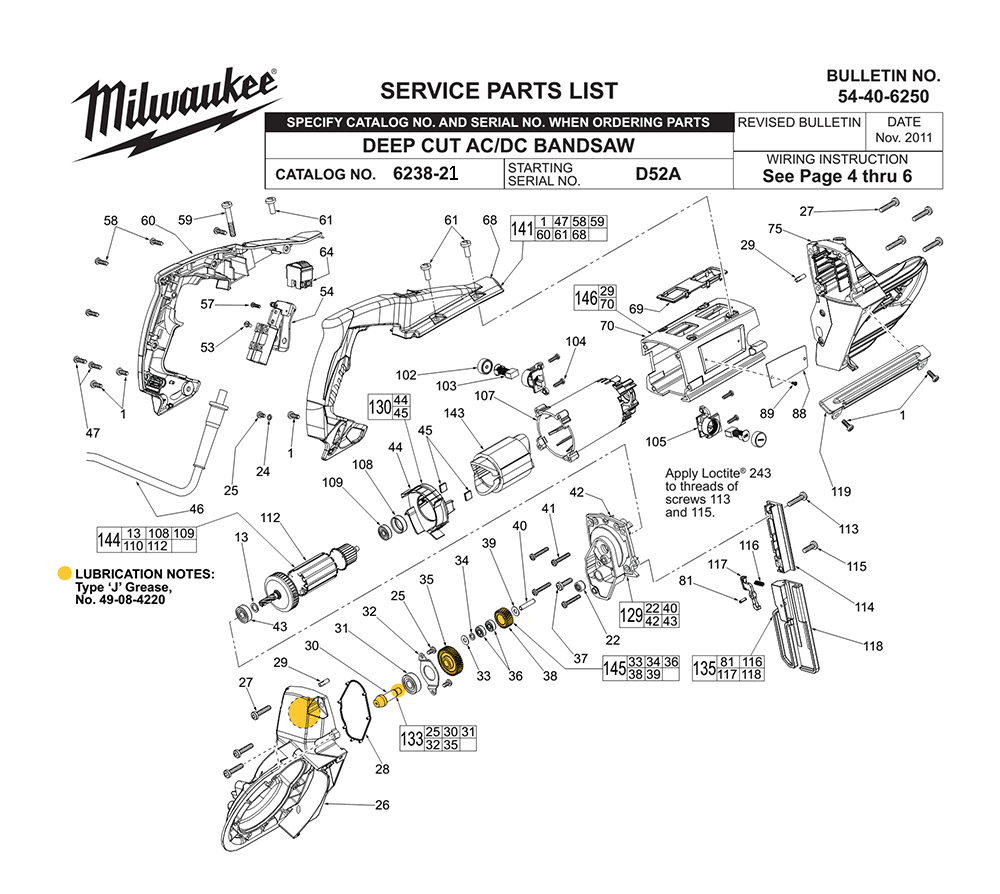 Fig-0 Diagram and Parts List for 6238-21 D52A Milwaukee Saw