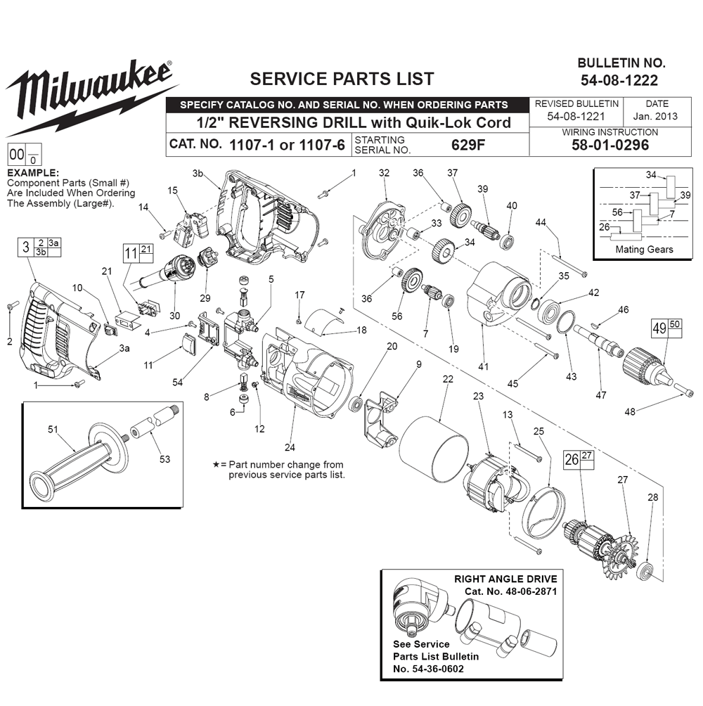 Fig-0 Diagram and Parts List for 1107-6 629F Milwaukee Electric Drill