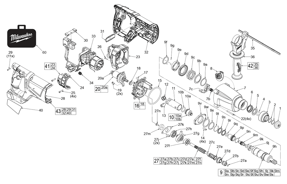 Fig-0 Diagram and Parts List for 2713-20 H19B Milwaukee Hammer Drill
