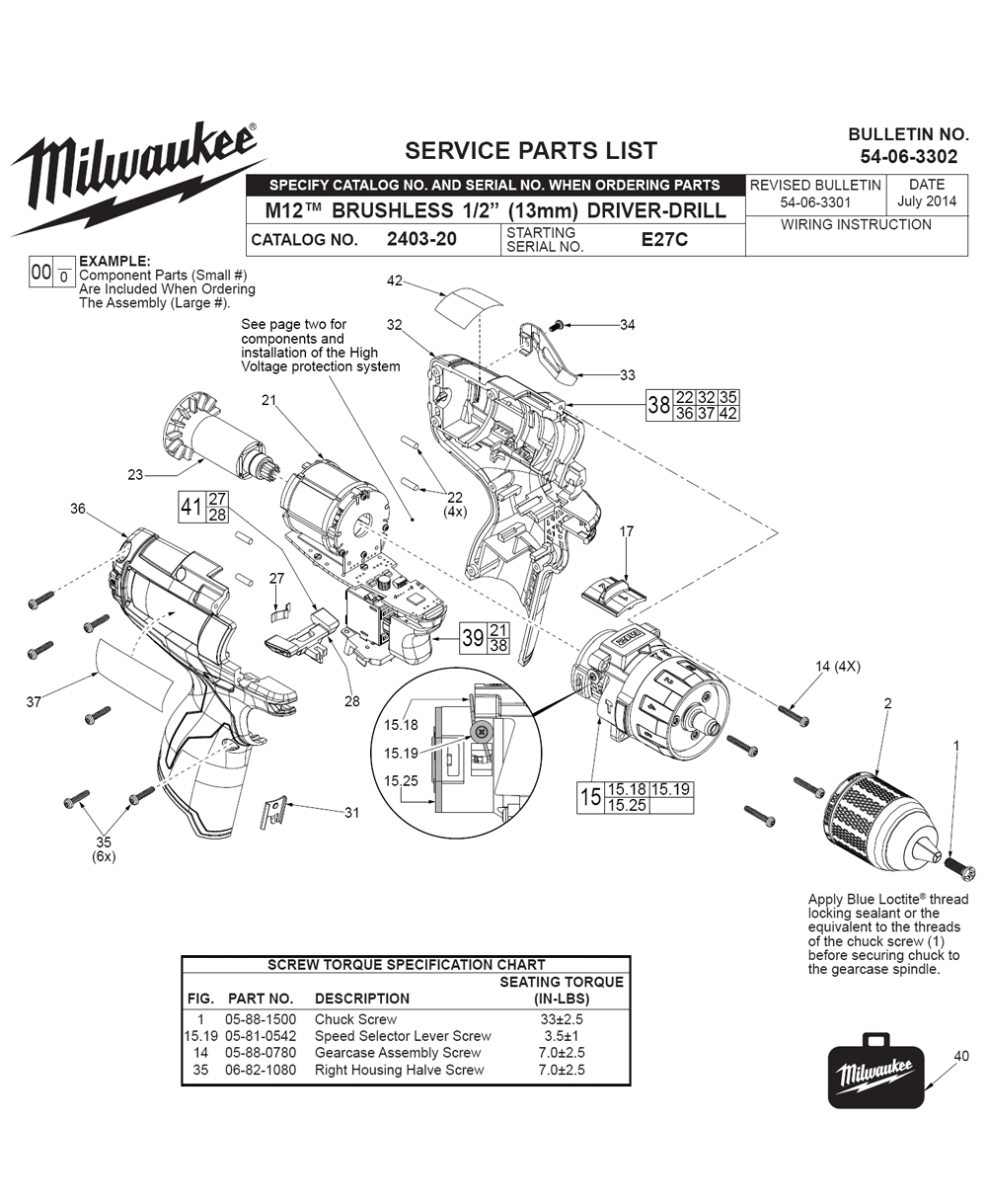 Fig-0 Diagram and Parts List for 2403-22 E27C Milwaukee Cordless Drill