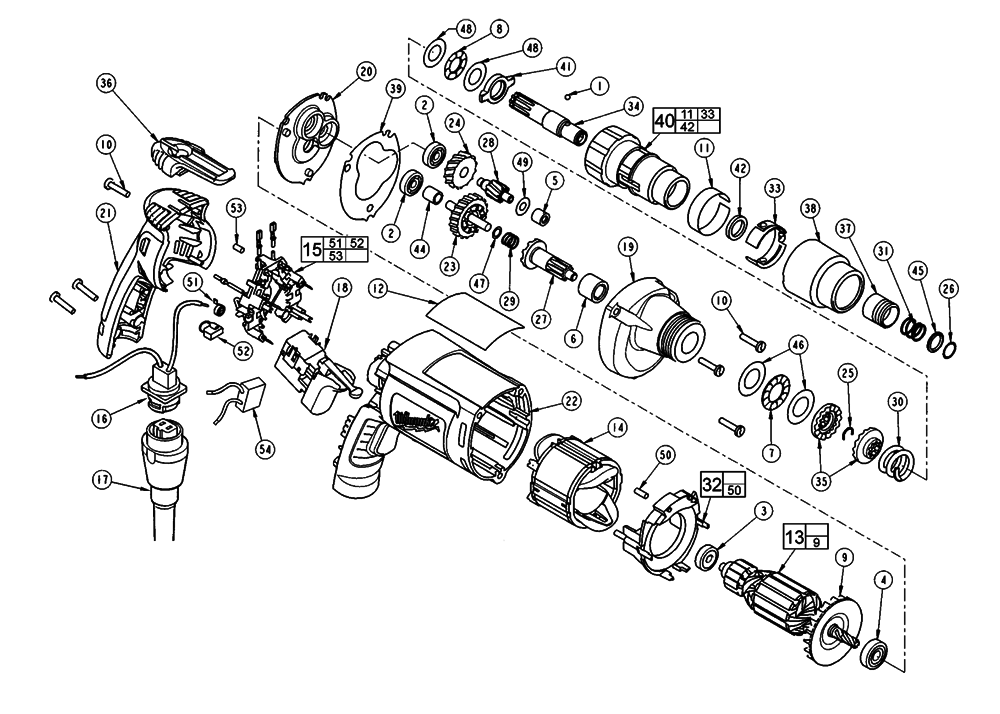 Fig-0 Diagram and Parts List for 6581-50 200A Milwaukee Electric Drill