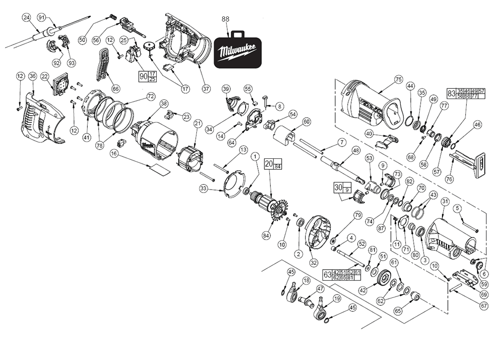 Fig-0 Diagram and Parts List for 6523-21 A65F Milwaukee Saw