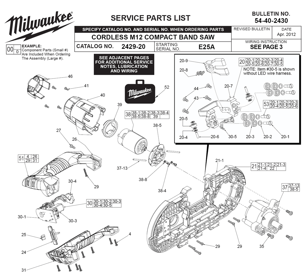 Fig-0 Diagram and Parts List for 2429-21XC E25A Milwaukee Saw