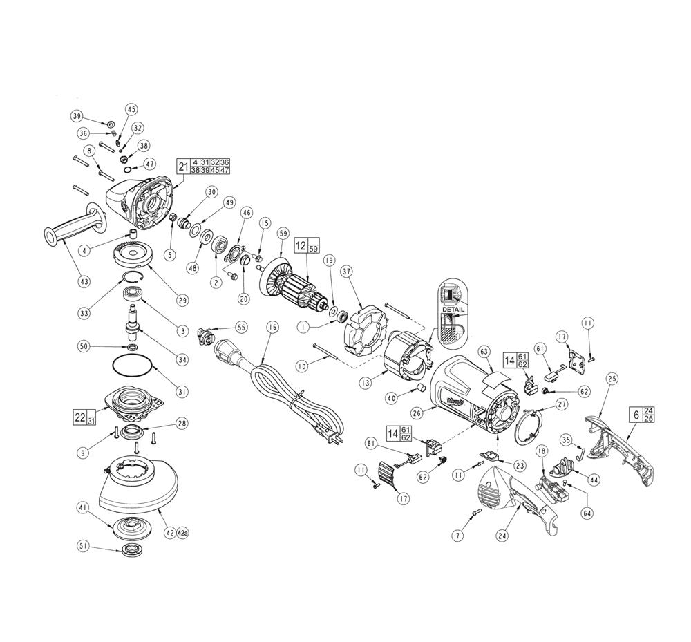 Fig-0 Diagram and Parts List for 6089-30 B45B Milwaukee Angle Grinder