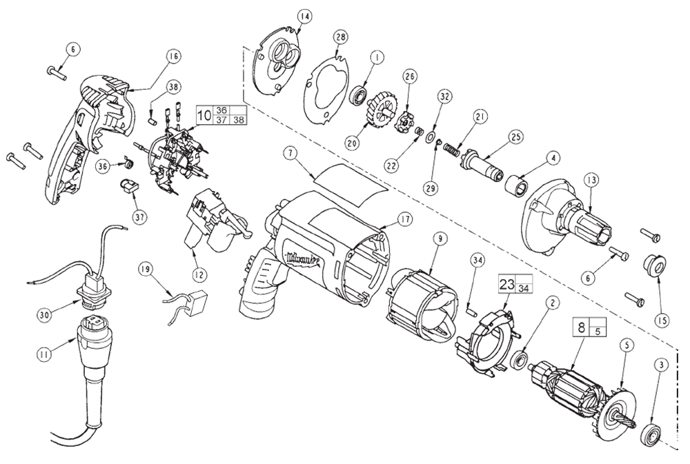 Fig-0 Diagram and Parts List for 6707-55 A06B Milwaukee Electric Drill