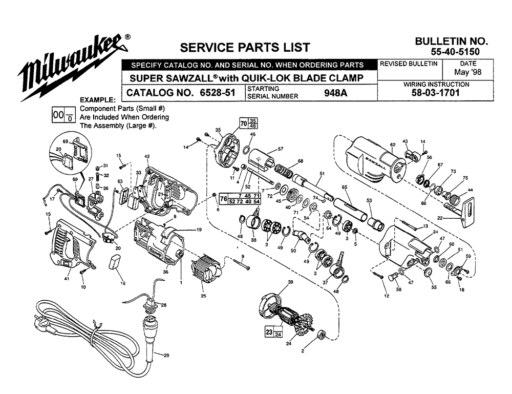 Fig-0 Diagram and Parts List for 6528-51 948A Milwaukee Saw