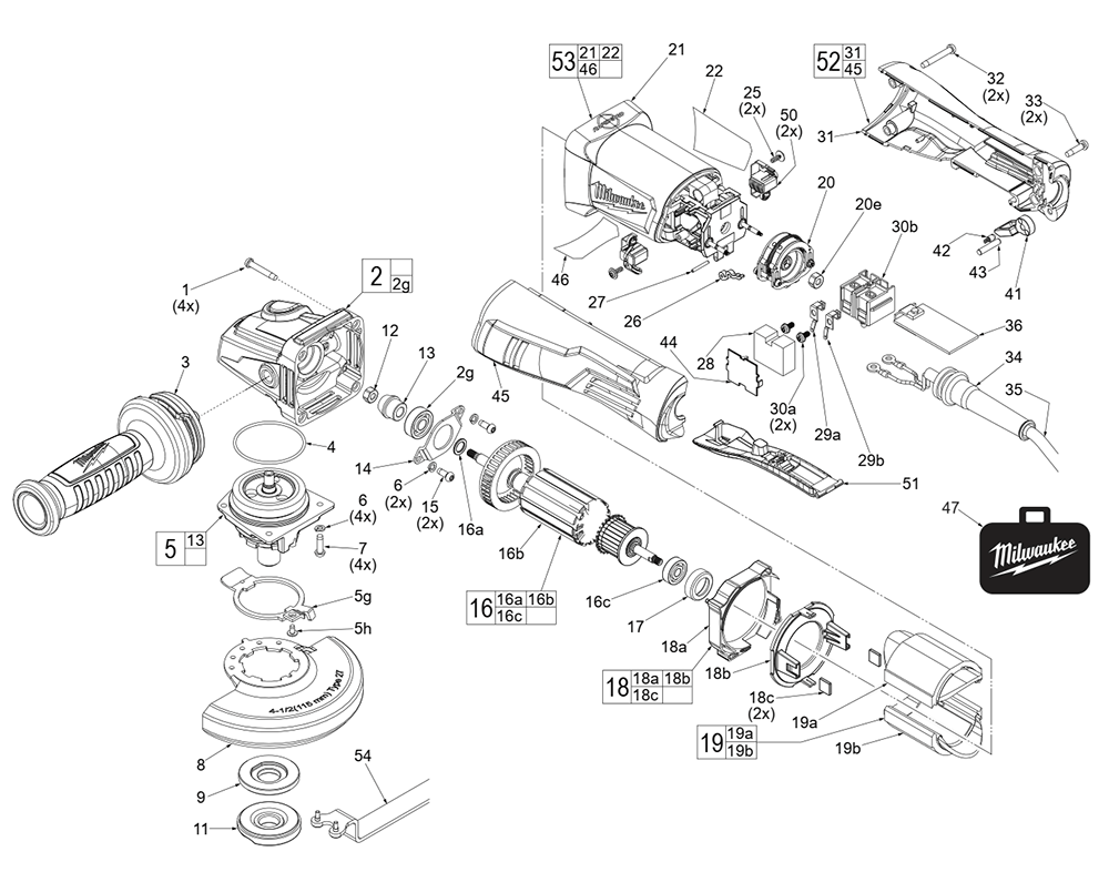 Fig-0 Diagram and Parts List for 6143-31 K01A Milwaukee Angle Grinder