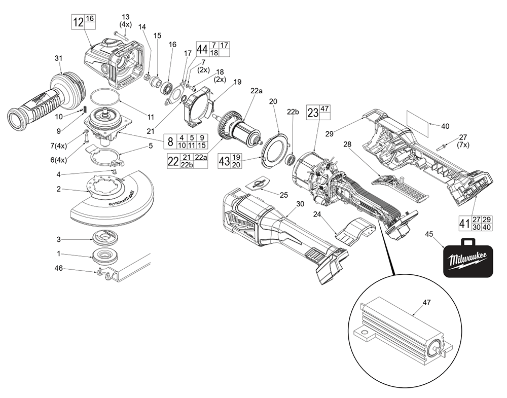 Fig-0 Diagram and Parts List for 2980-20 K02A Milwaukee Angle Grinder