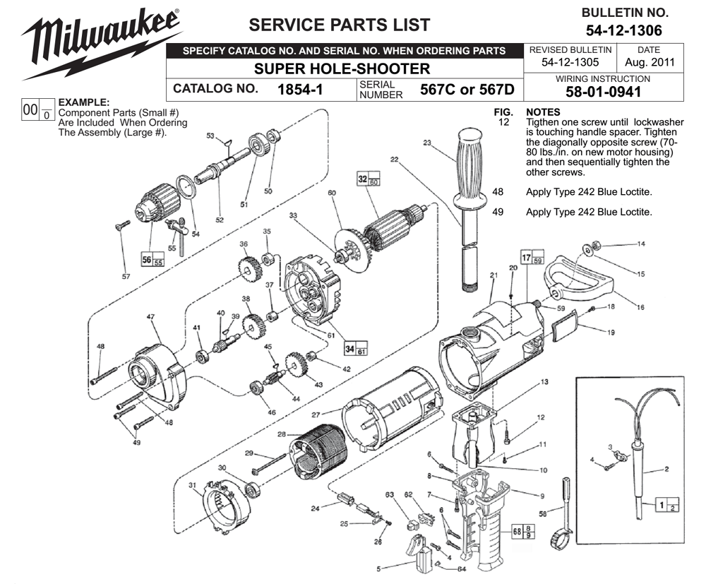 Fig-0 Diagram and Parts List for 1854-1 567C Milwaukee Electric Drill