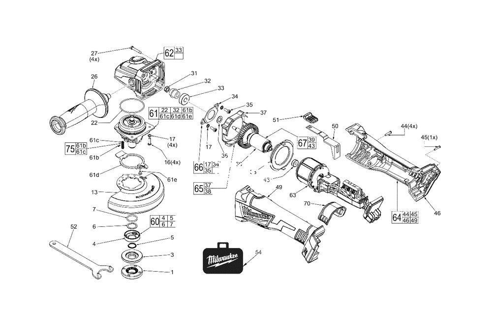M18 Fuel Angle Grinder With Slide Switch And Lock-On Diagram and Parts List for 2781-22HD F32D Milwaukee Angle Grinder