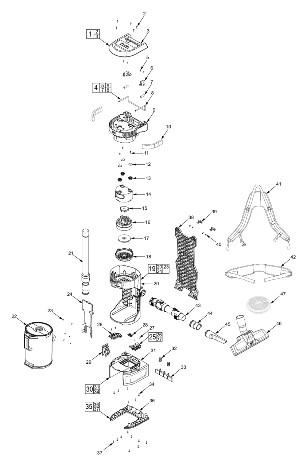 Fig-0 Diagram and Parts List for 0885-20 J75A Milwaukee Canister Vacuum