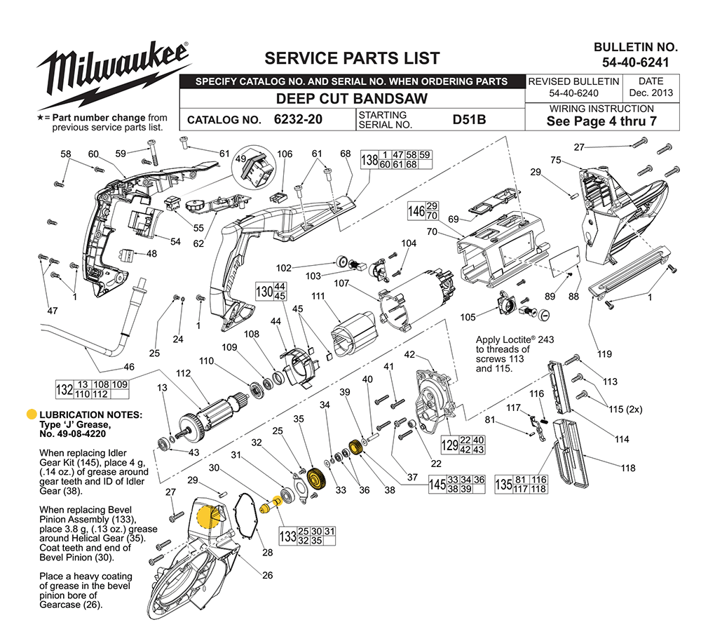 Fig-0 Diagram and Parts List for 6232-20 D51B Milwaukee Saw