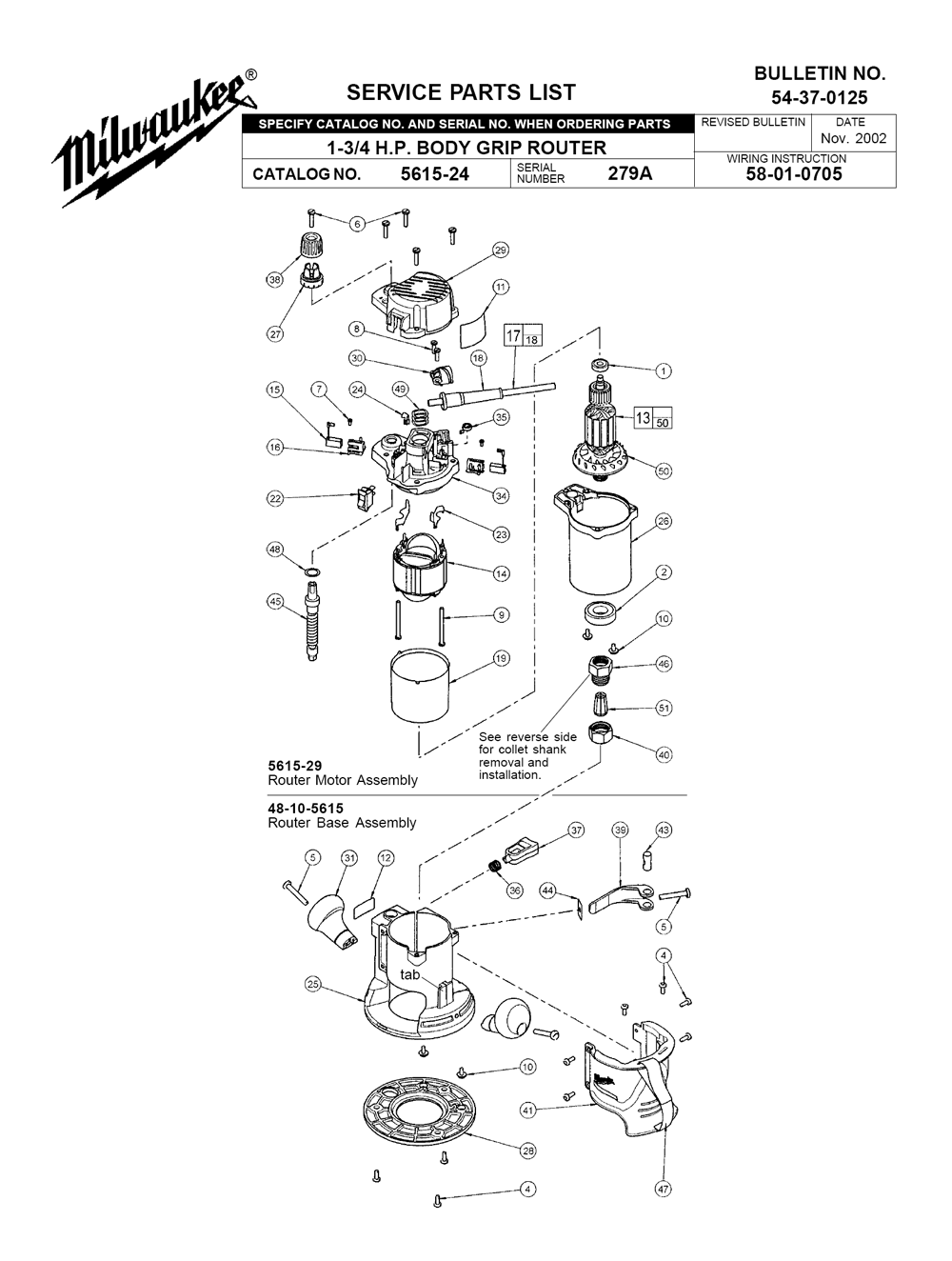 Fig-0 Diagram and Parts List for 5615-24 279A Milwaukee Router