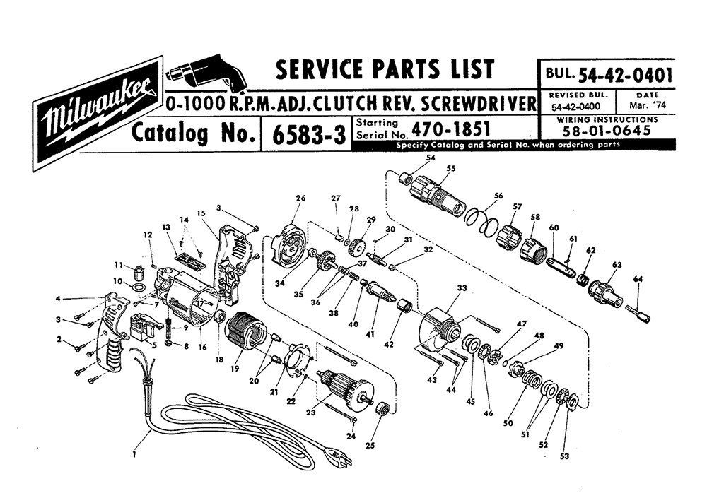 Fig-0 Diagram and Parts List for 6583-3 470-1851 Milwaukee Electric Drill