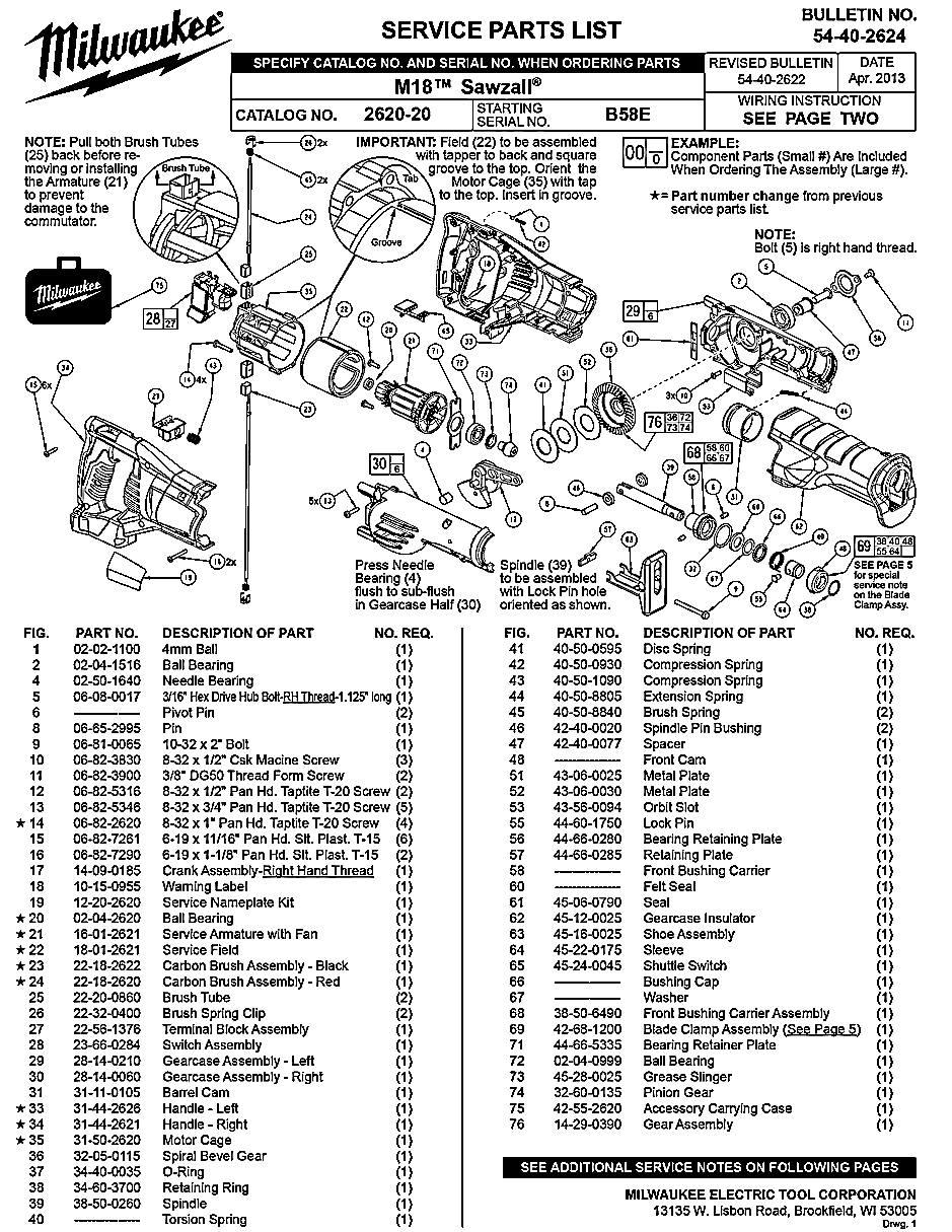 Diagram 1 Diagram and Parts List for 2620-20 B58E Milwaukee Saw