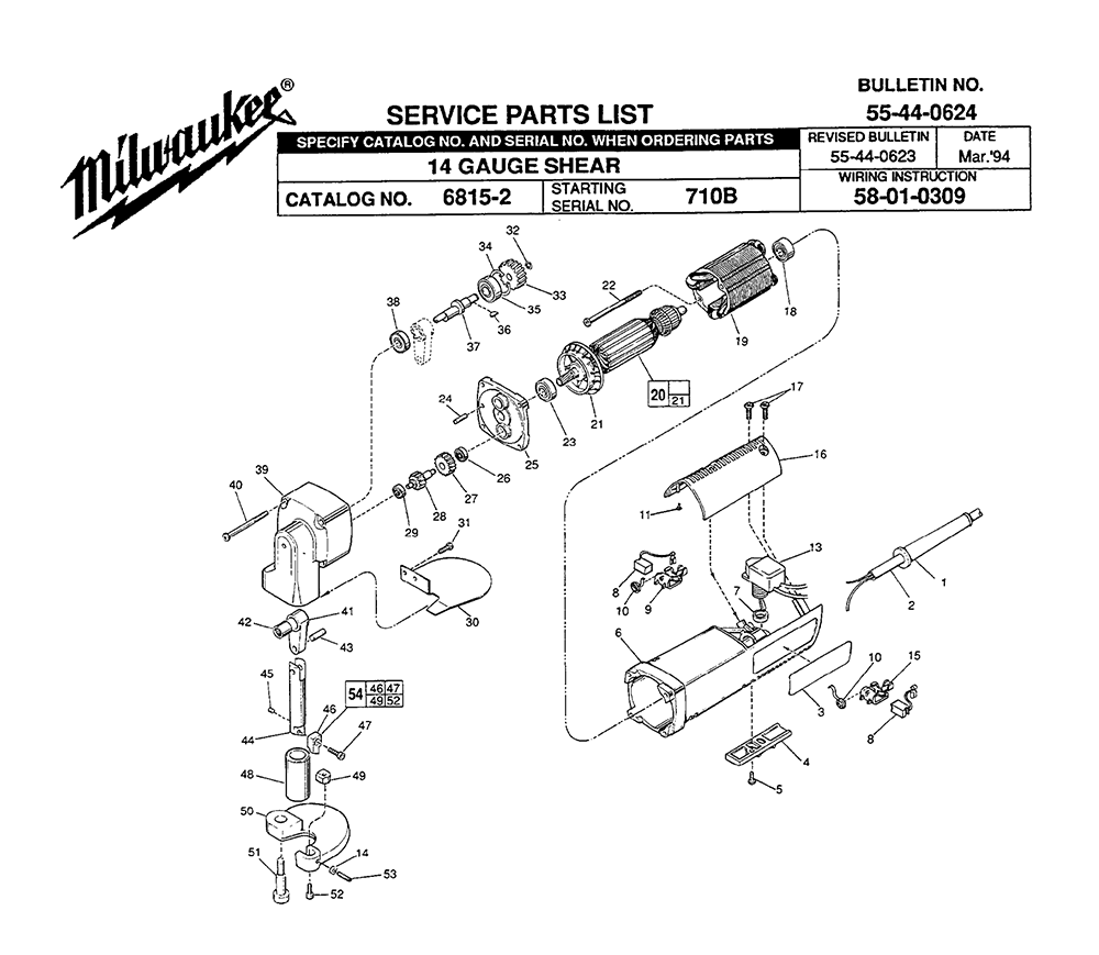 Fig-0 Diagram and Parts List for 6815-2 710B Milwaukee Nibbler & Shears