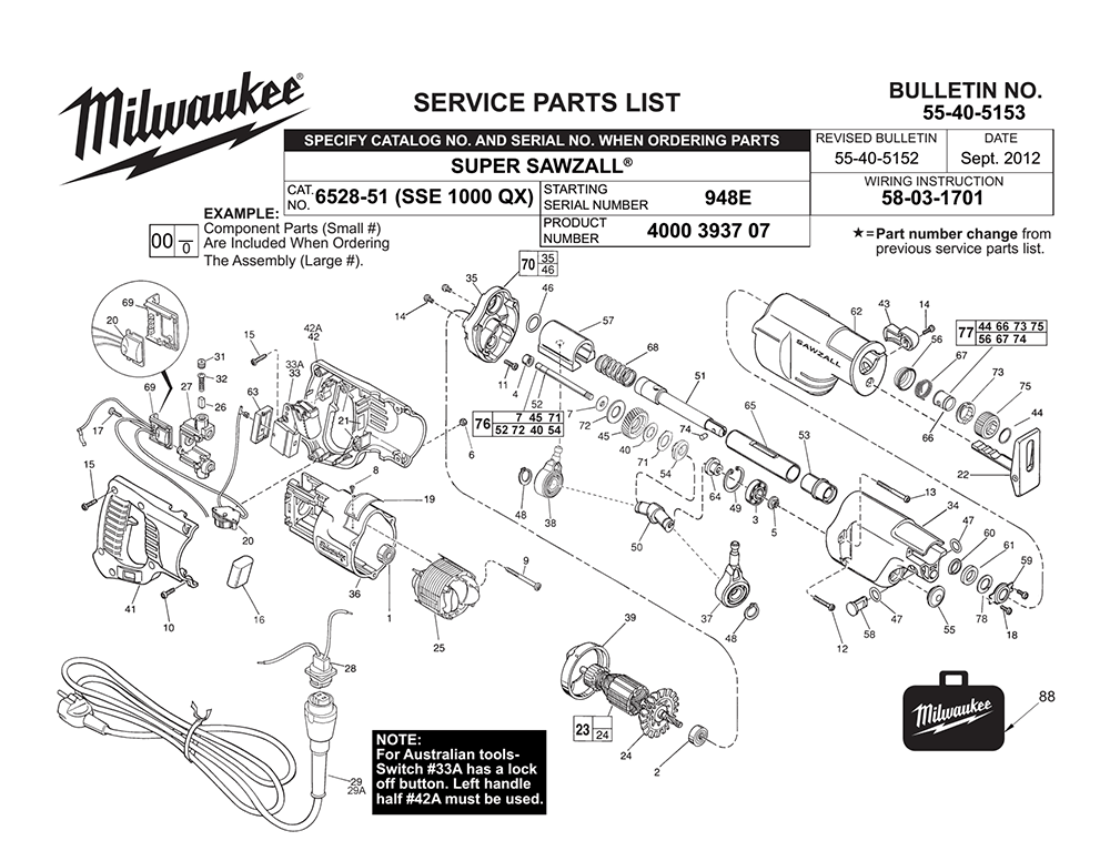 Fig-0 Diagram and Parts List for 6528-51 948E Milwaukee Saw