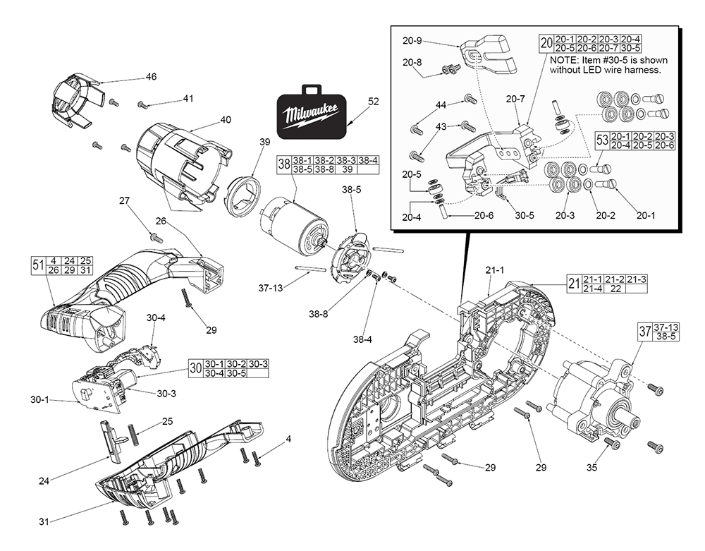 Fig-0 Diagram and Parts List for 2429-20 E25B Milwaukee Band Saw