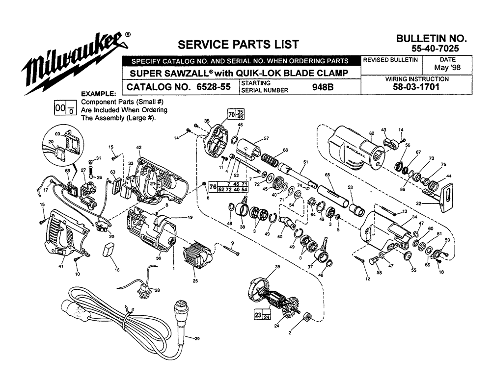Fig-0 Diagram and Parts List for 6528-55 948B Milwaukee Saw