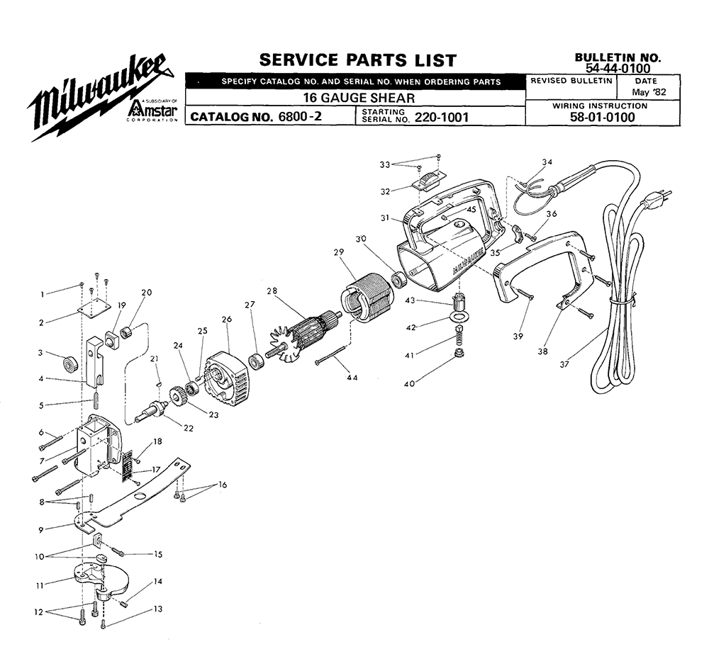 Fig-0 Diagram and Parts List for 6800-2 220-1001 Milwaukee Nibbler & Shears