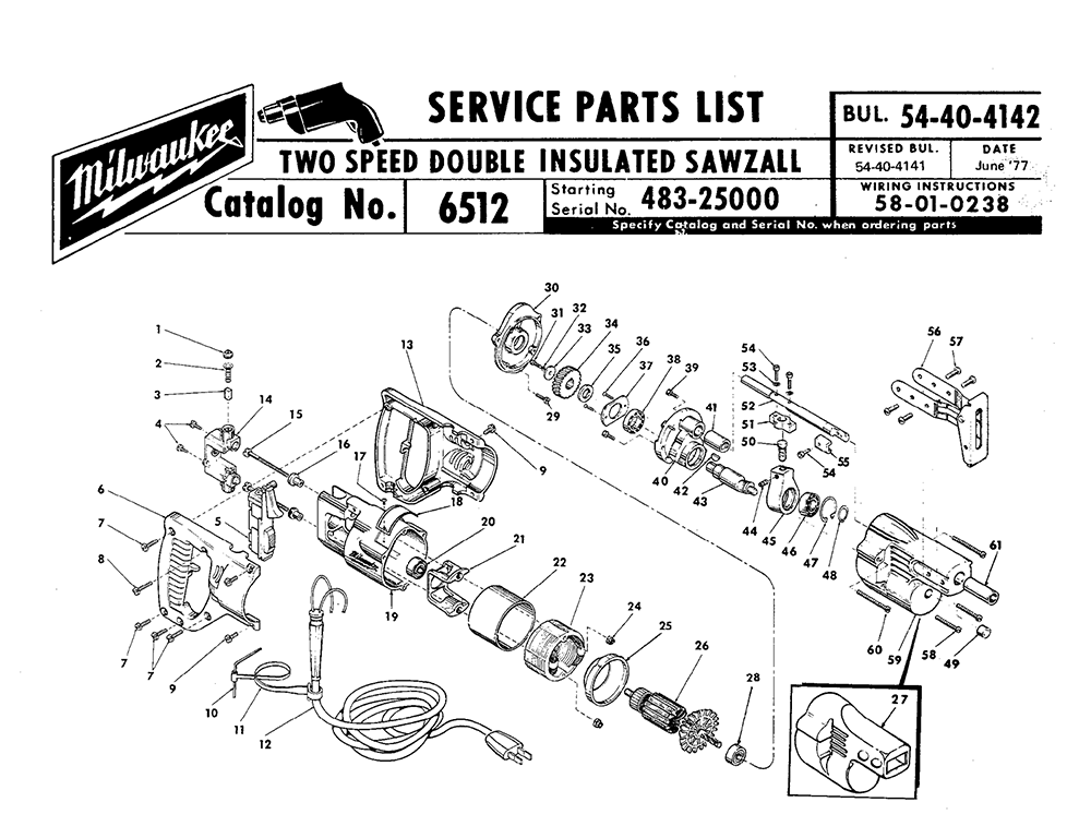 Fig-0 Diagram and Parts List for 6512-2 483-25000 Milwaukee Saw