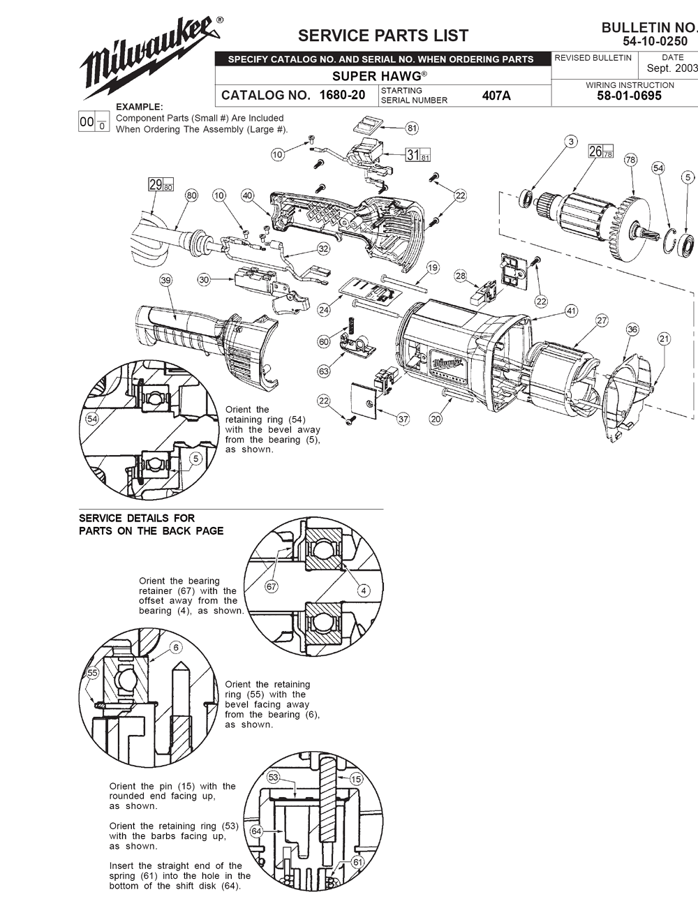 Fig-0 Diagram and Parts List for 1680-21 407A Milwaukee Electric Drill