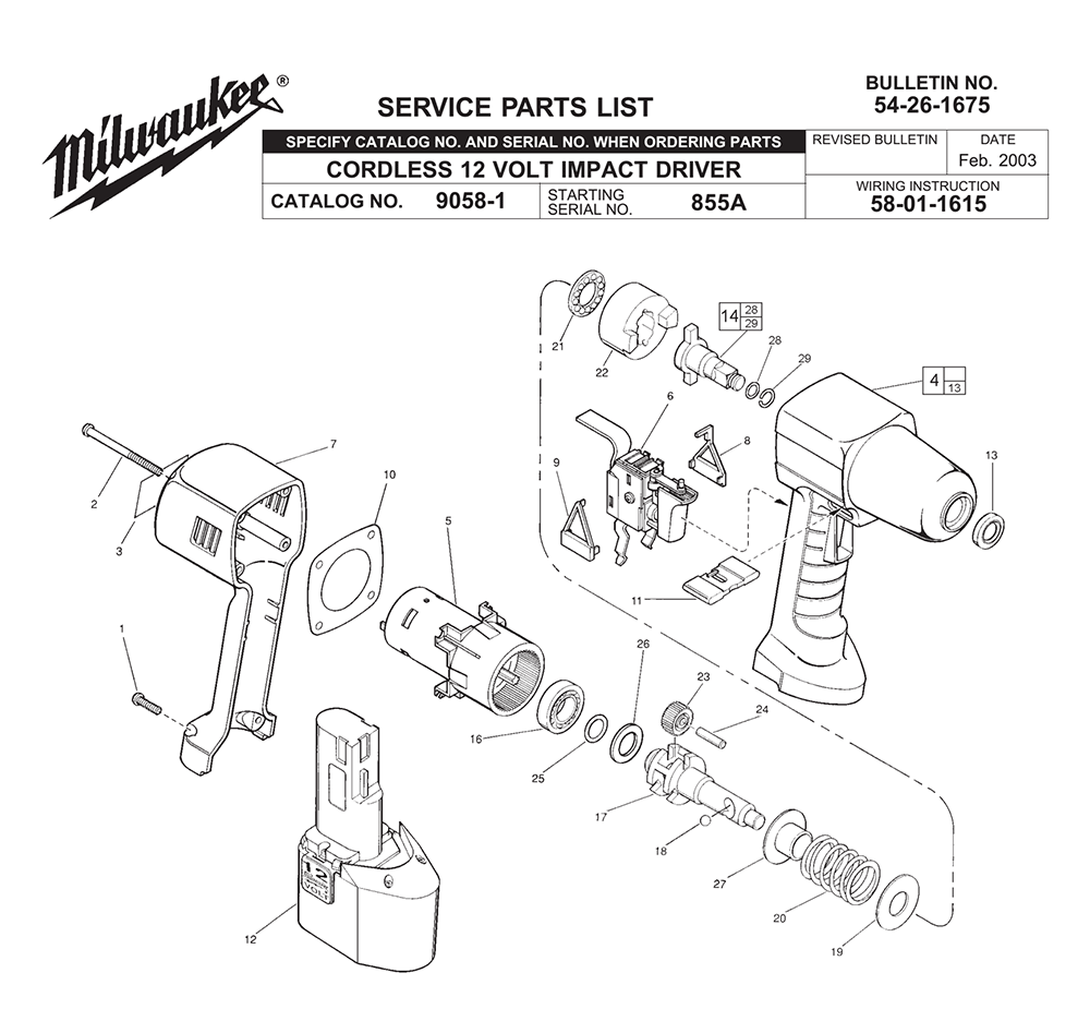 Fig-0 Diagram and Parts List for 9058-1 855A Milwaukee Impact Driver