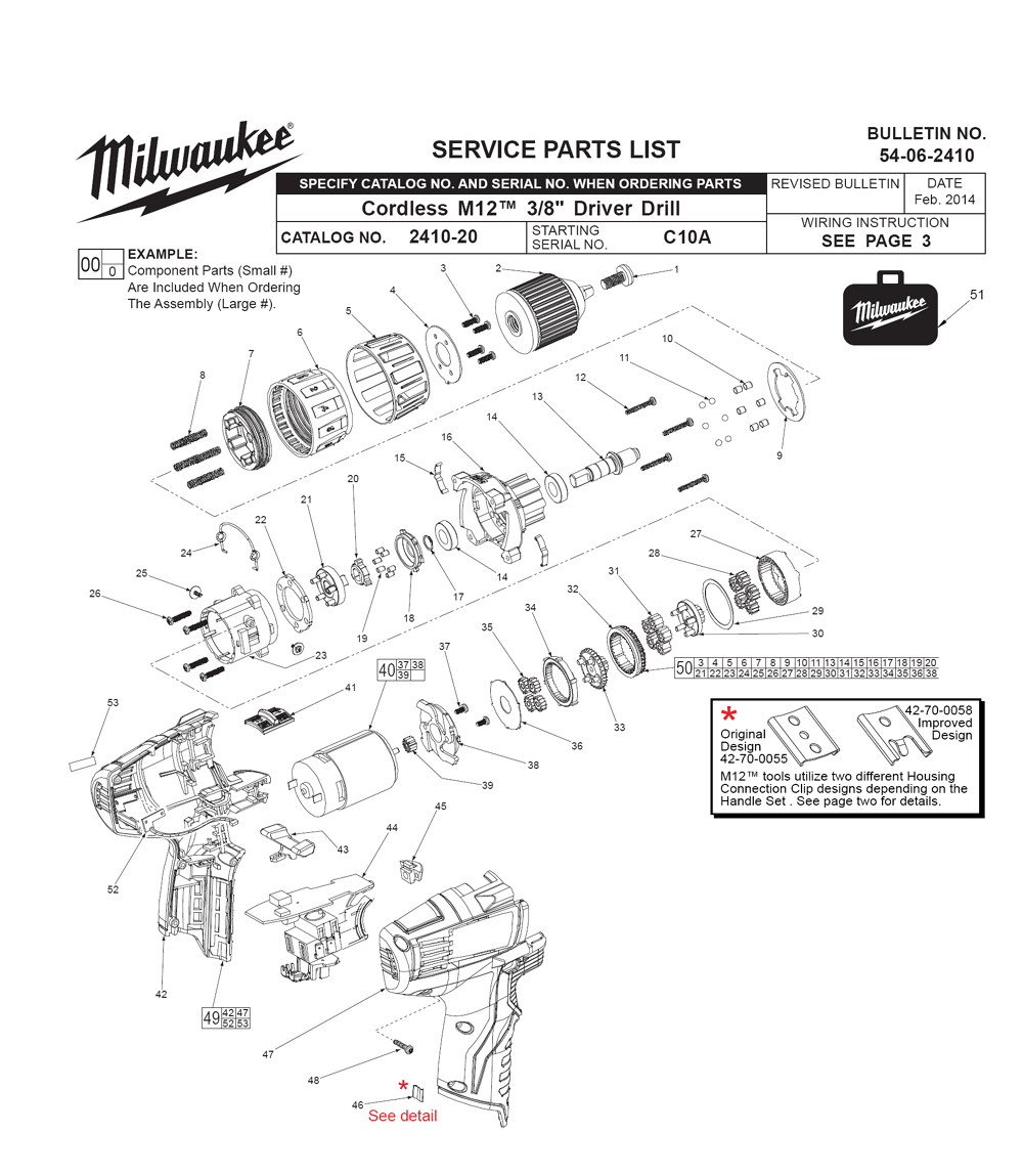 Fig-0 Diagram and Parts List for 2410-22 C10A Milwaukee Cordless Drill