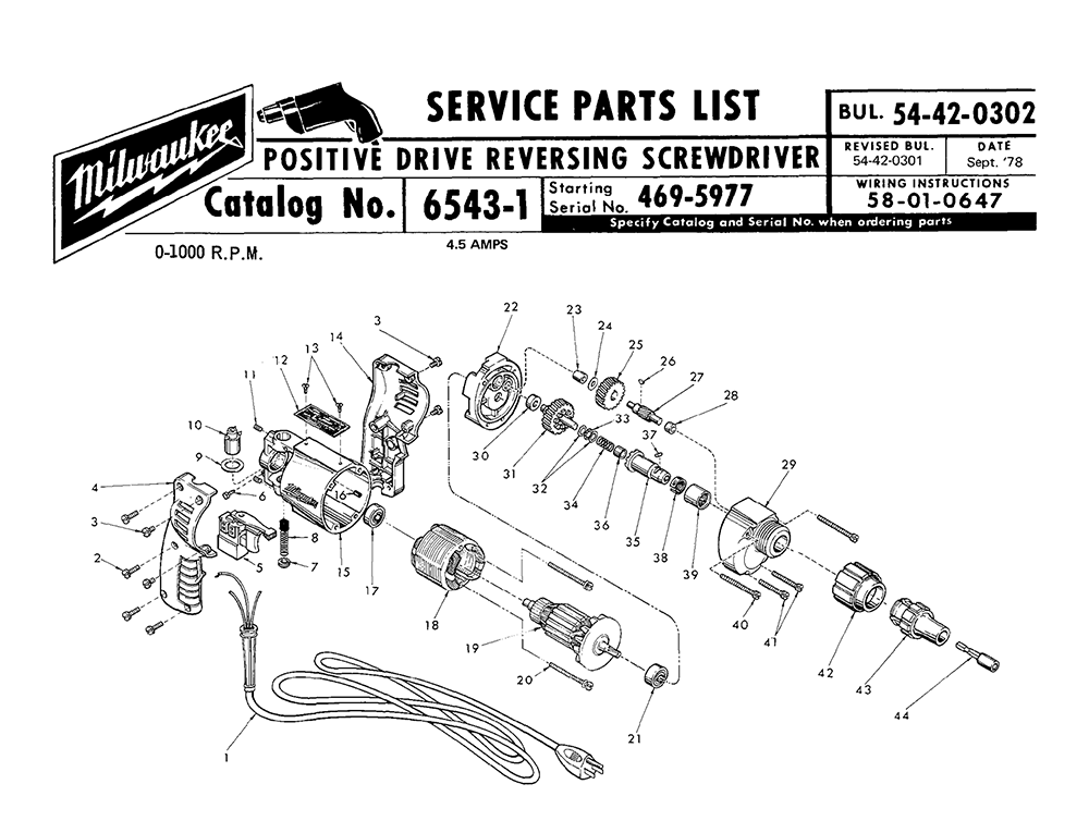 Fig-0 Diagram and Parts List for 6543-3 469-5977 Milwaukee Electric Drill