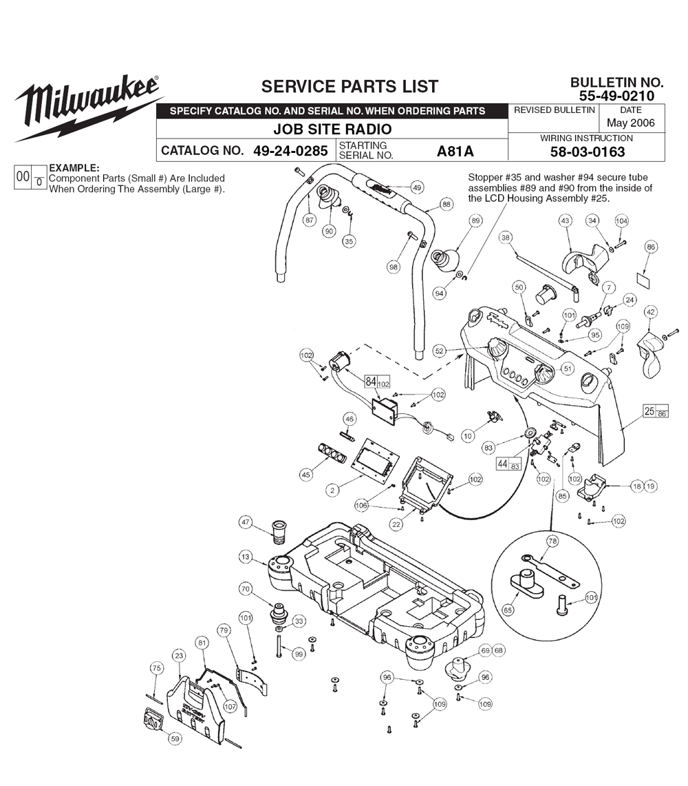 Fig-0 Diagram and Parts List for 49-24-0285 A81A Milwaukee Radio