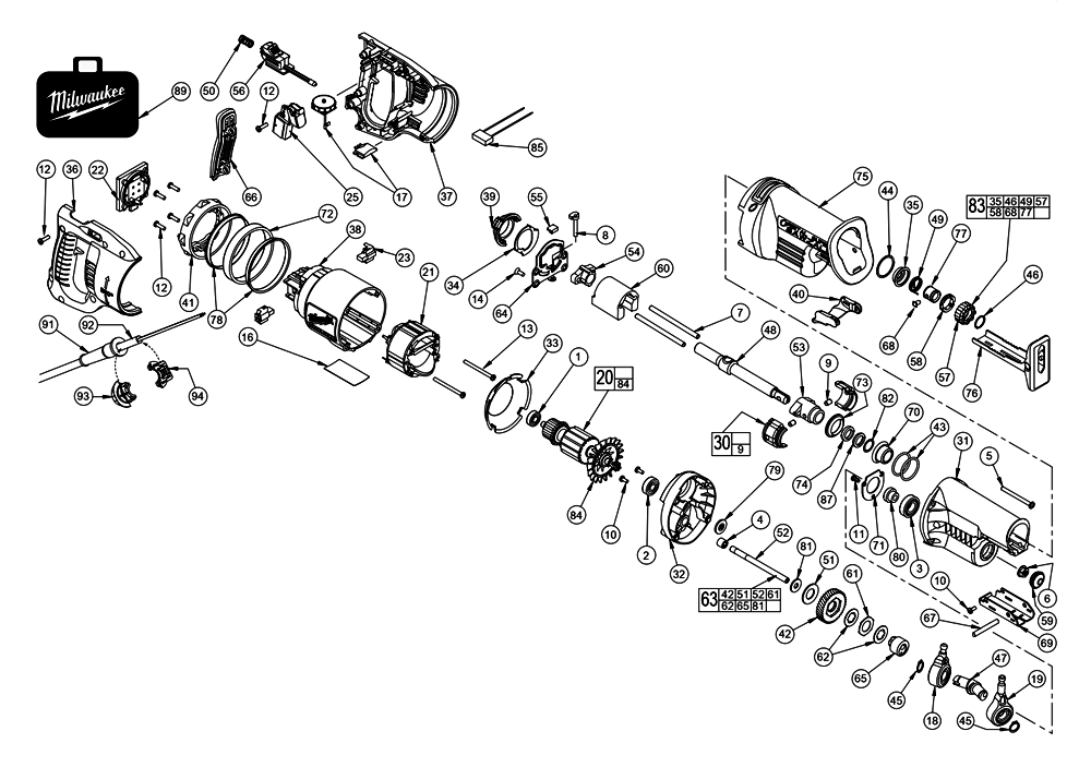 Fig-0 Diagram and Parts List for 6523-51 A65B Milwaukee Reciprocating Saw