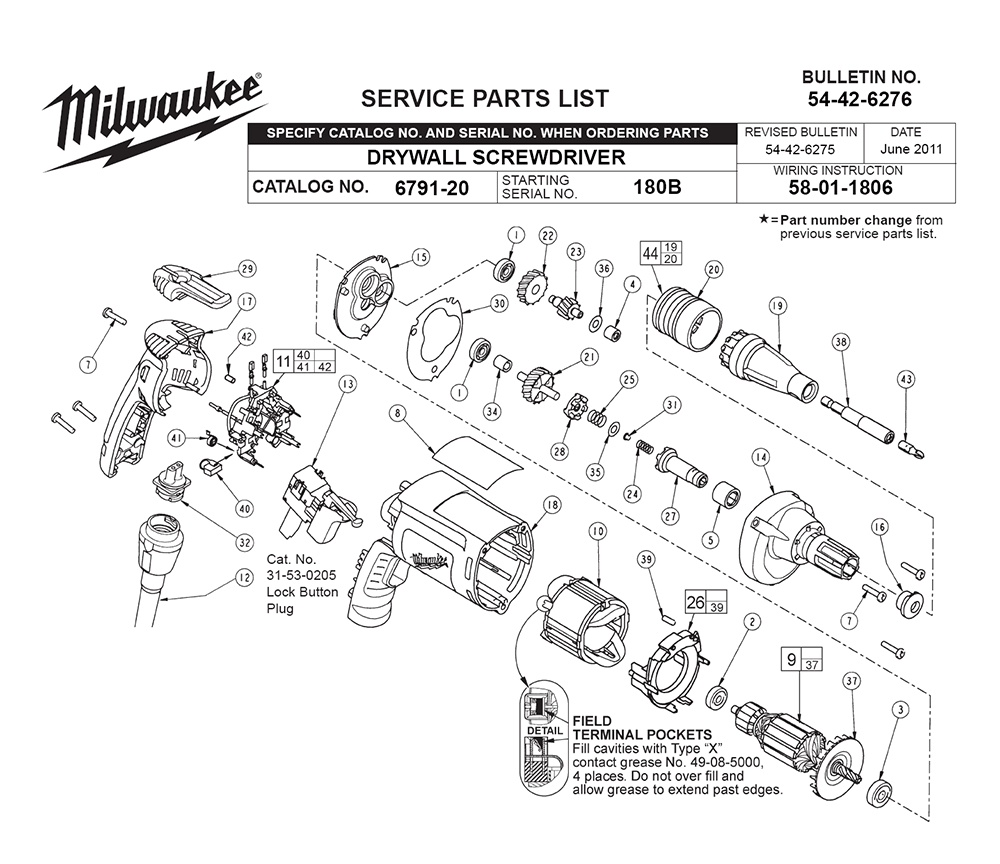 Fig-0 Diagram and Parts List for 6791-20 180B Milwaukee Electric Drill