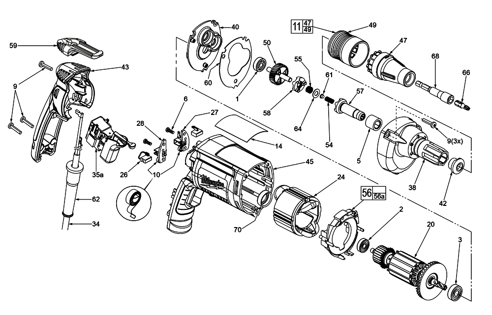 Fig-0 Diagram and Parts List for 6742-59B E35D Milwaukee Electric Drill