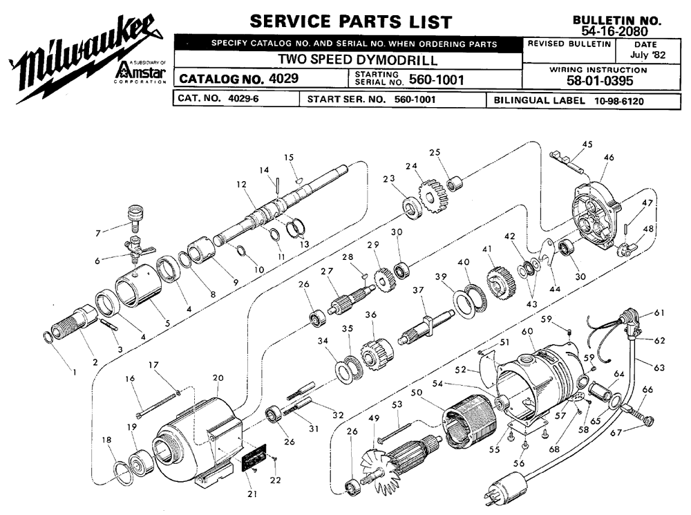 Fig-0 Diagram and Parts List for 4029-2 560-1001 Milwaukee Electric Drill