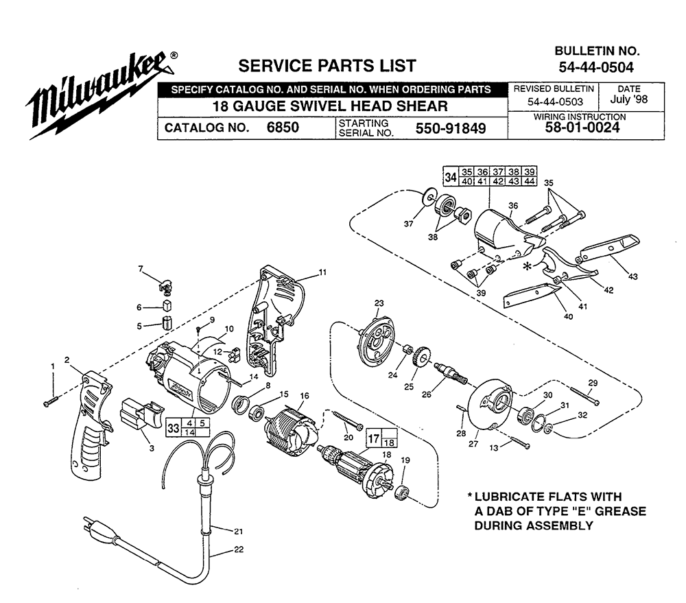 Fig-0 Diagram and Parts List for 6850 550-91849 Milwaukee Nibbler & Shears