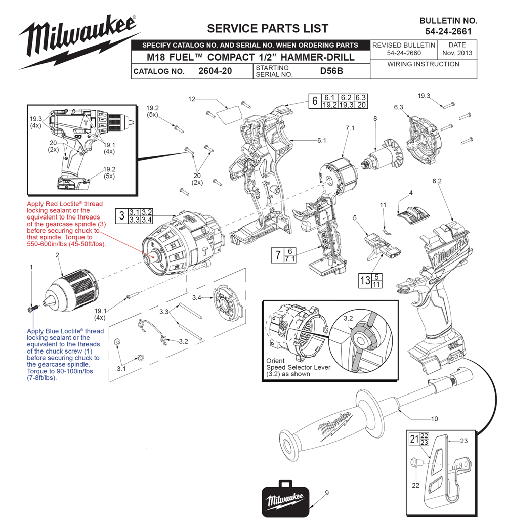 Fig-0 Diagram and Parts List for 2604-22 D56B Milwaukee Cordless Drill