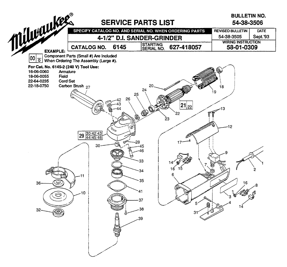 Fig-0 Diagram and Parts List for 6145-2 627-418057 Milwaukee Angle Grinder