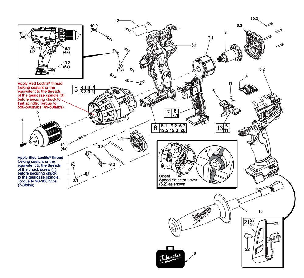 Fig-0 Diagram and Parts List for 2603-059 F18C Milwaukee Electric Drill