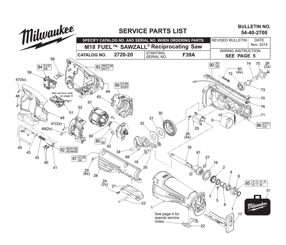 Fig-0 Diagram and Parts List for 2720-22 F39A Milwaukee Saw