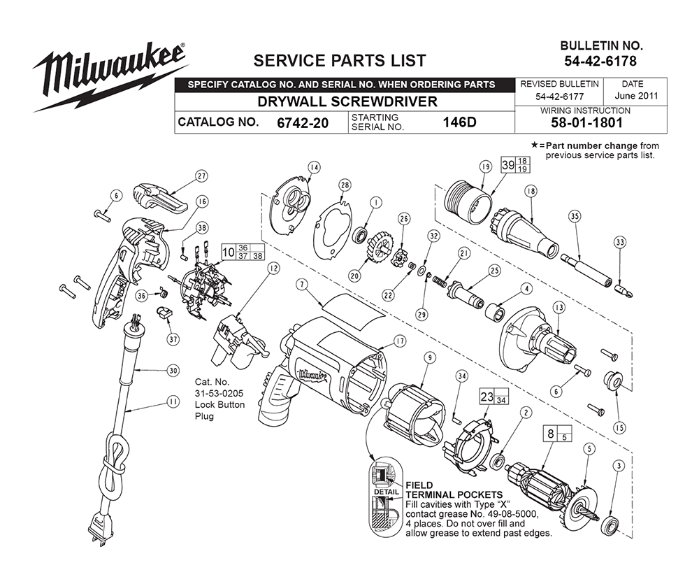 Fig-0 Diagram and Parts List for 6742-20 146D Milwaukee Electric Drill