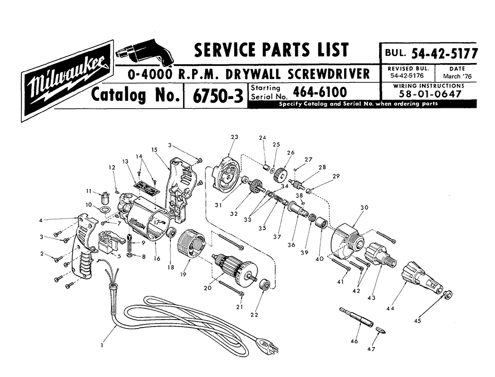 Fig-0 Diagram and Parts List for 6750-3 464-6100 Milwaukee Electric Drill