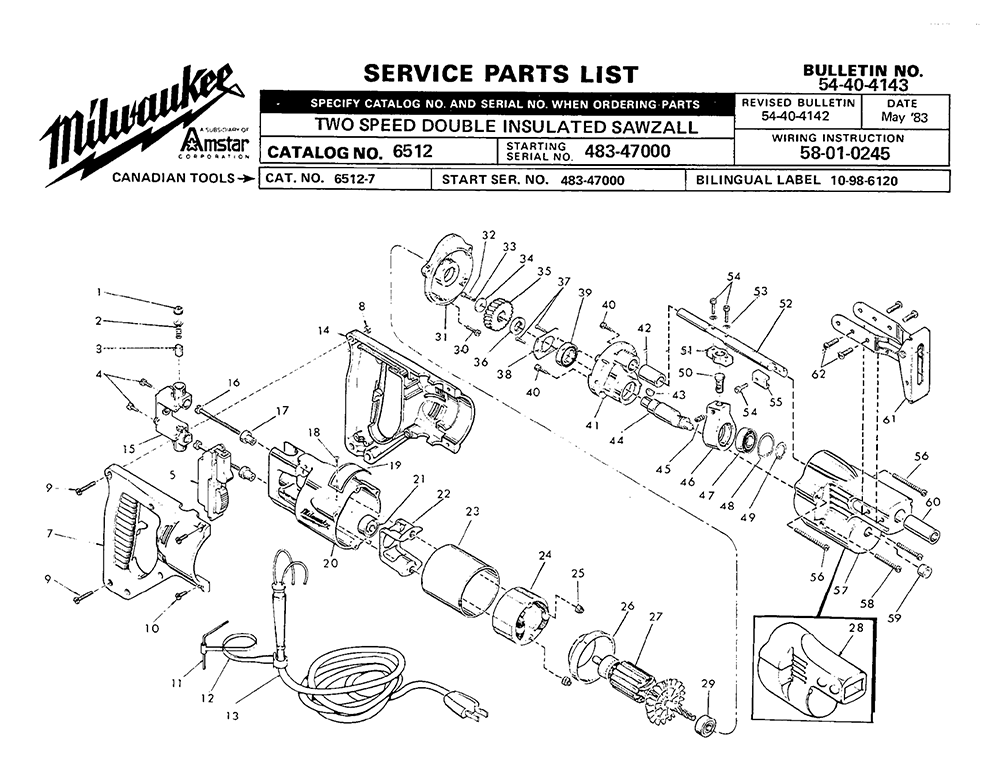 Fig-0 Diagram and Parts List for 6512-2 483-47000 Milwaukee Saw