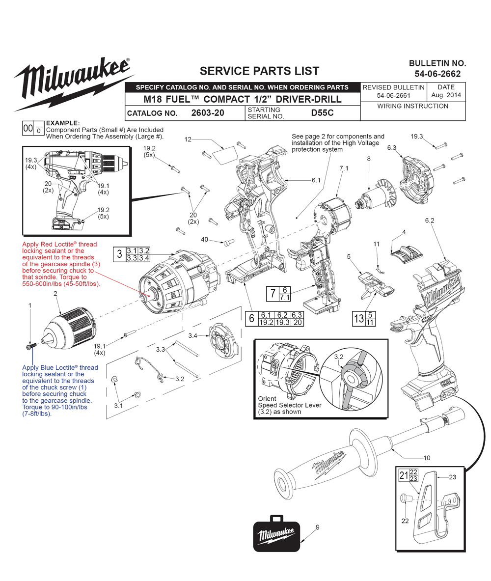 Fig-0 Diagram and Parts List for 2603-20 D55C Milwaukee Cordless Drill
