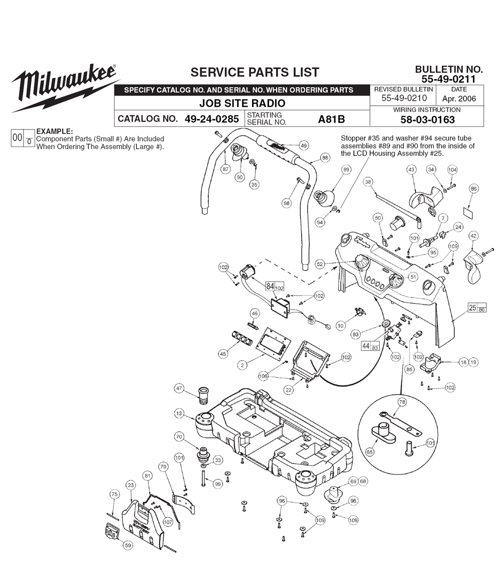 Fig-0 Diagram and Parts List for 49-24-0285 A81B Milwaukee Radio