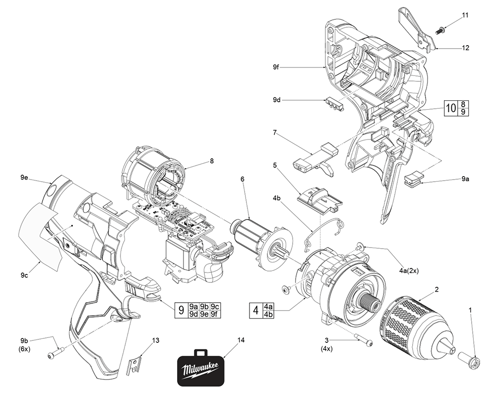 Fig-0 Diagram and Parts List for 2503-20 J16A Milwaukee Electric Drill