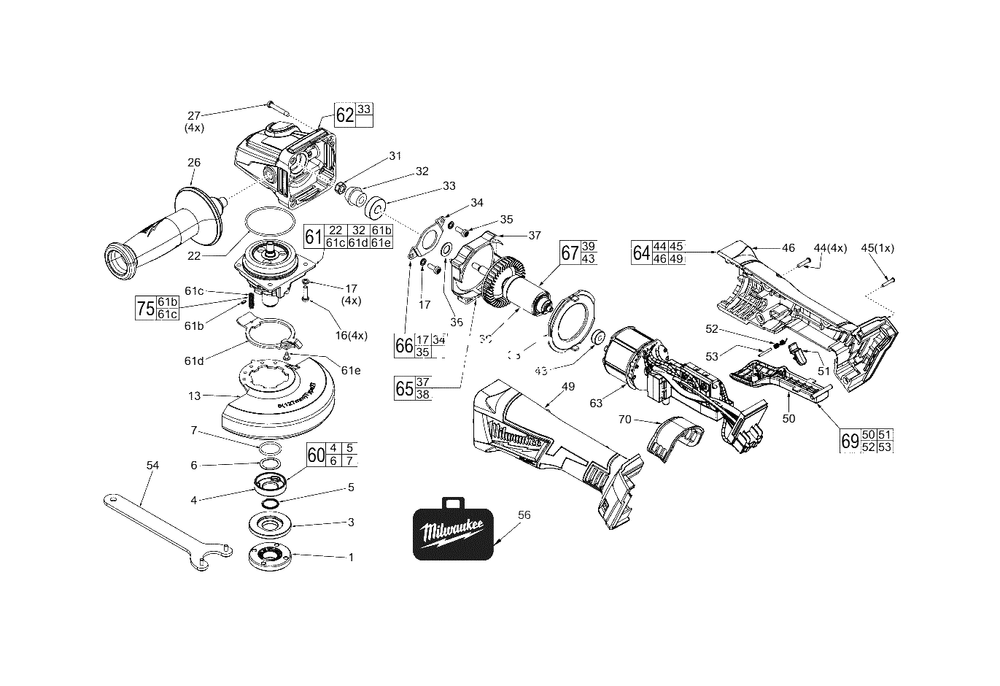 M18 Fuel Angle Grinder With Paddle Switch And Lock-Off Diagram and Parts List for 2780-22HD F33C Milwaukee Angle Grinder