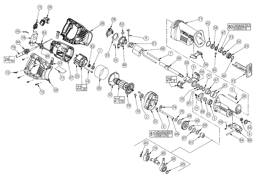 Fig-0 Diagram and Parts List for 6538-21 B36C Milwaukee Reciprocating Saw