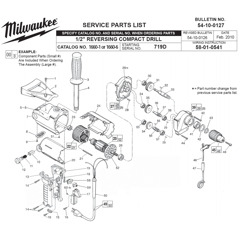 Fig-0 Diagram and Parts List for 1660-6 719D Milwaukee Electric Drill
