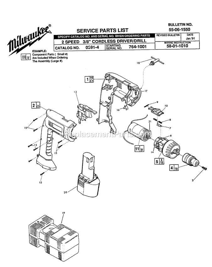 Page A Diagram and Parts List for 0391-4 764-1001 Milwaukee Cordless Drill