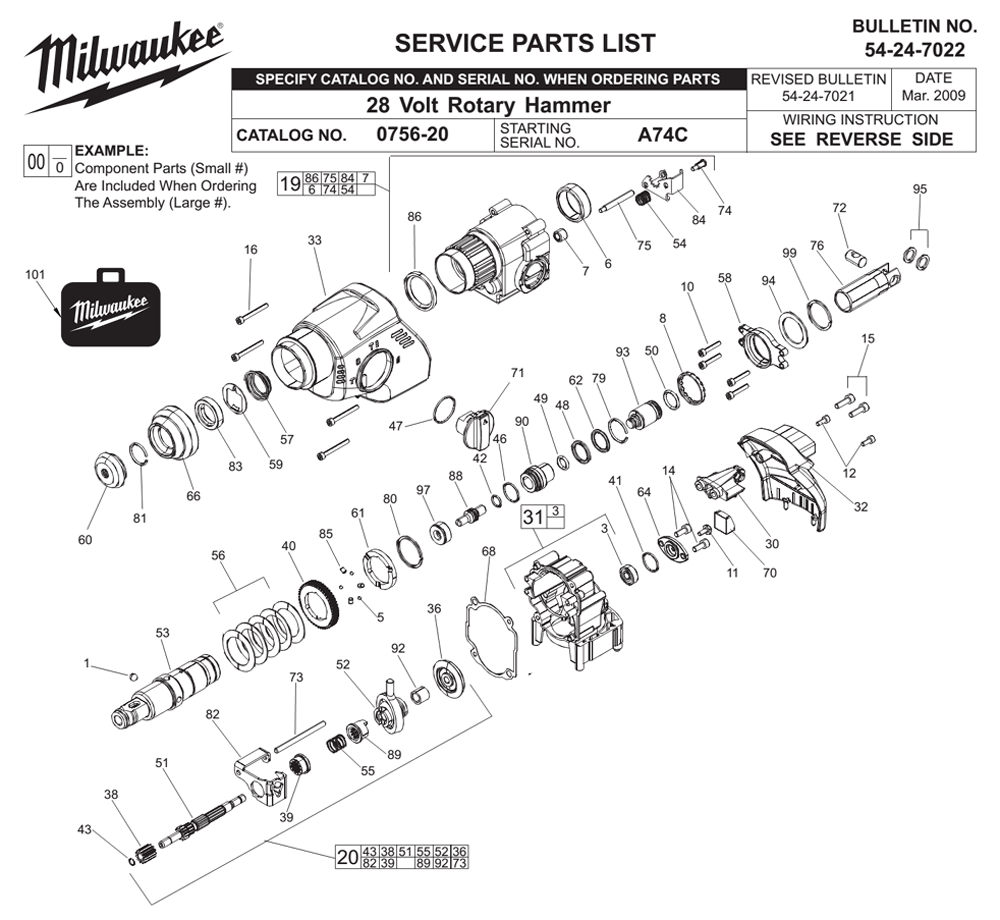Fig-0 Diagram and Parts List for 0756-20 A74C Milwaukee Hammer Drill